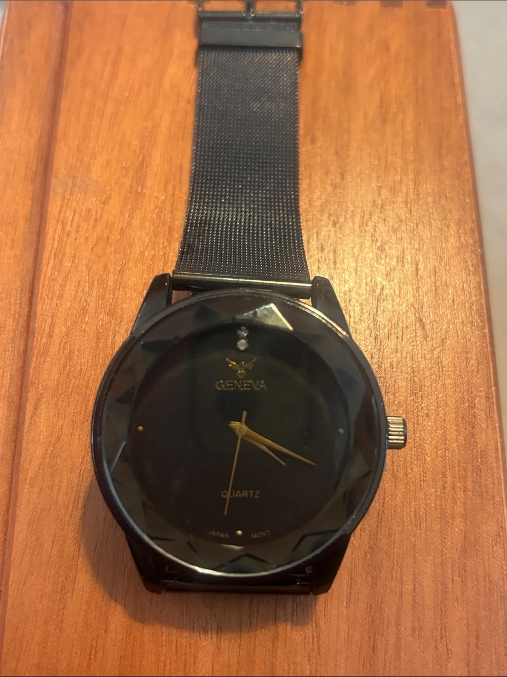 Geneva Black Mesh Strap Watch with Gold Accents